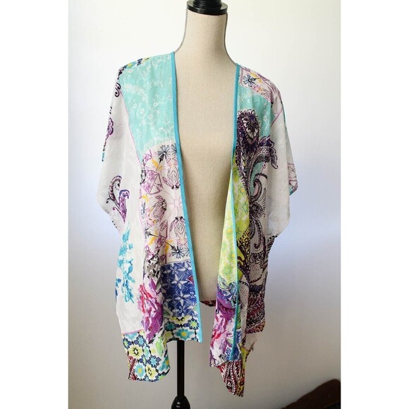 Chico's S/M blue floral multi color lightweight kaftan kimono coastal grandma - Picture 1 of 7